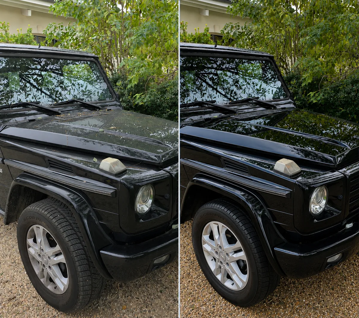 Avant après nettoyage extérieur d'un Mercedes Classe G par Léman Auto Clean